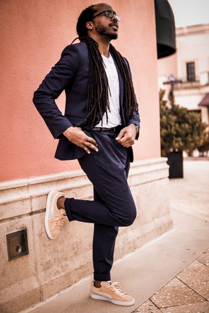 navy suit with sneakers